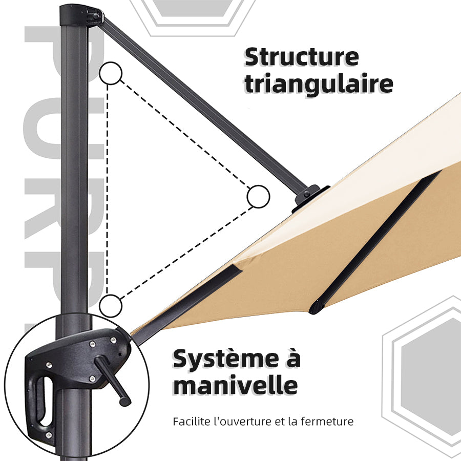 PURPLE LEAF Parasol De Jardin Exterieur Parasol Déporté Rotatif 360°, Parasol Excentré Inclinable, Parasol Suspendu Balcon