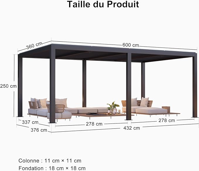 PURPLE LEAF Pergola Bioclimatique Pergola Aluminium Lames Orientables Tonnelle de Jardin Imperméable pour Terrasse Extérieur Carport, Gris