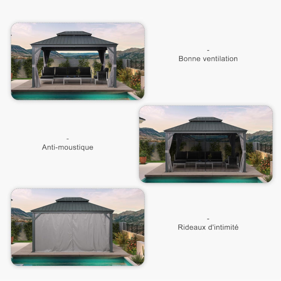 PURPLE LEAF Tonnelle De Jardin Exterieur Tonnelle Pergola Aluminum Avec Moustiquaire Et Rideaux Pavillon De Jardin à Double Toit Acier Galvanisé, Gris