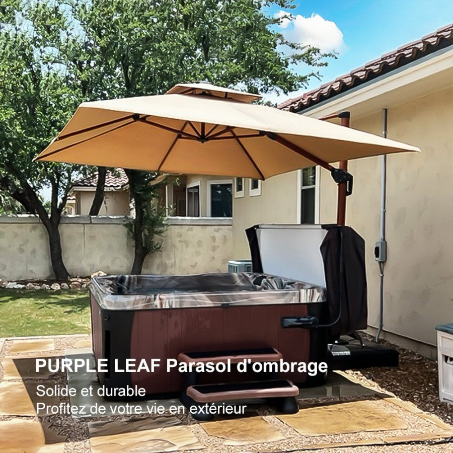 PURPLE LEAF Parasol Déporté Inclinable Grain de Bois en Aluminium Parasol De Jardin Extérieur Toit à Double Rotatif 360°