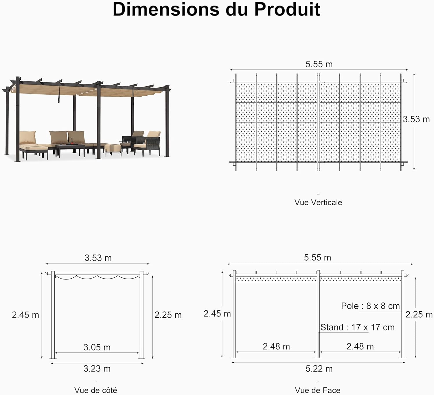 PURPLE LEAF Pergola Aluminium Tissu Teint en Fil Pergola pour Terrasse Exterieur, Toit Coulissante, Pavillon De Jardin