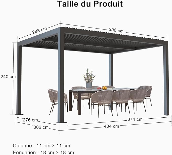 PURPLE LEAF Pergola Bioclimatique Pergola Aluminium Lames Orientables Tonnelle de Jardin Imperméable pour Terrasse Extérieur Carport, Gris