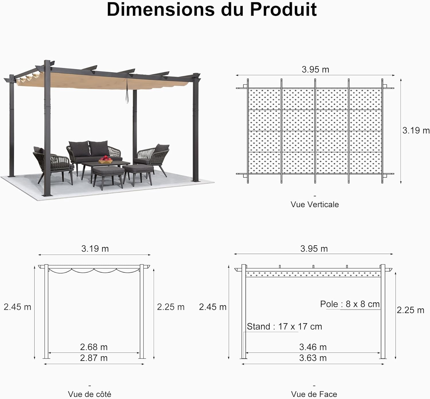 PURPLE LEAF Pergola Aluminium Tissu Teint en Fil Pergola pour Terrasse Exterieur, Toit Coulissante, Pavillon De Jardin