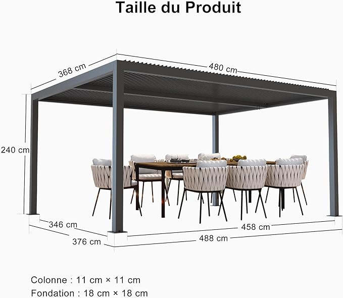PURPLE LEAF Pergola Bioclimatique Pergola Aluminium Lames Orientables Tonnelle de Jardin Imperméable pour Terrasse Extérieur Carport, Gris