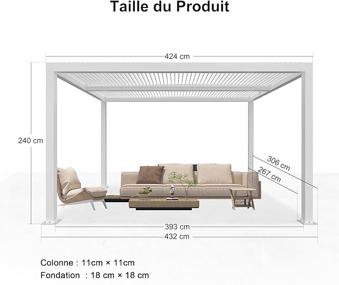 PURPLE LEAF Pergola Bioclimatique Pergola Aluminium Lames Orientables Tonnelle de Jardin Imperméable pour Terrasse Extérieur Carport, Blanc
