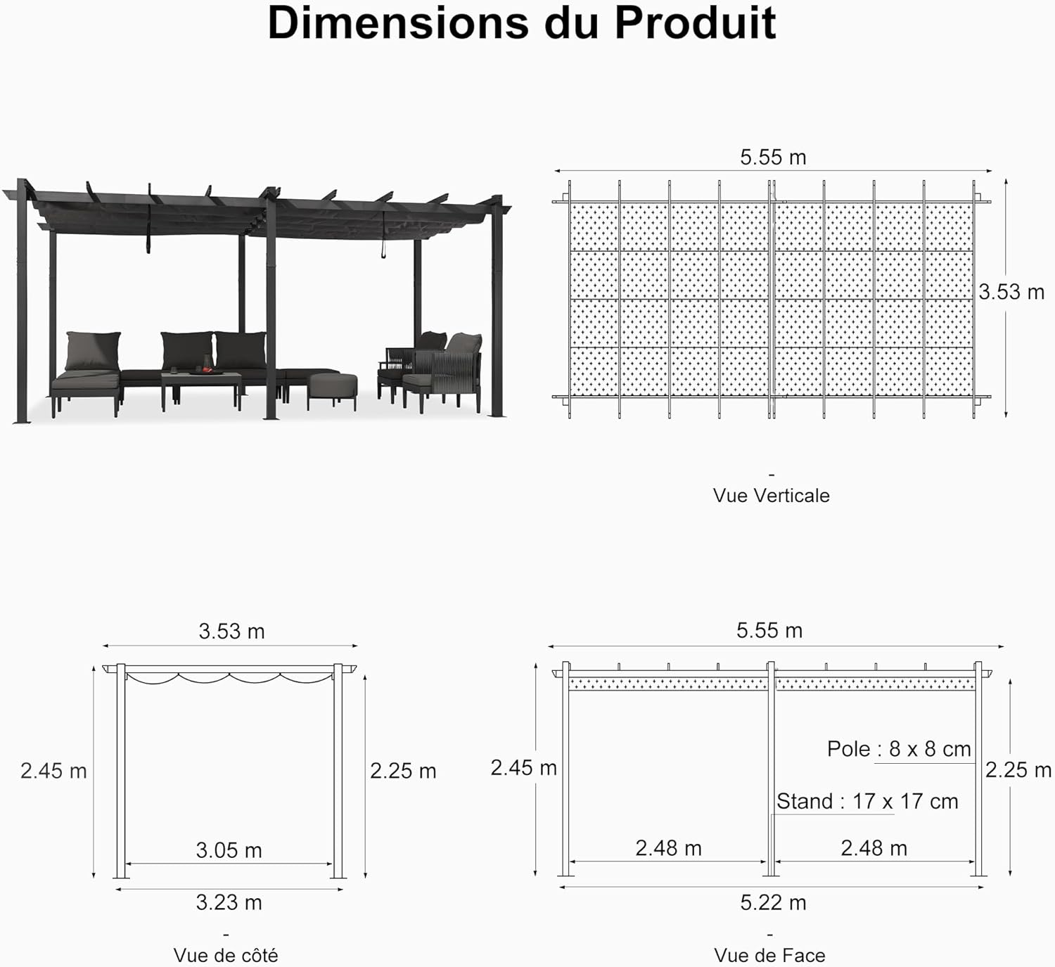 PURPLE LEAF Pergola Aluminium Tissu Teint en Fil Pergola pour Terrasse Exterieur, Toit Coulissante, Pavillon De Jardin
