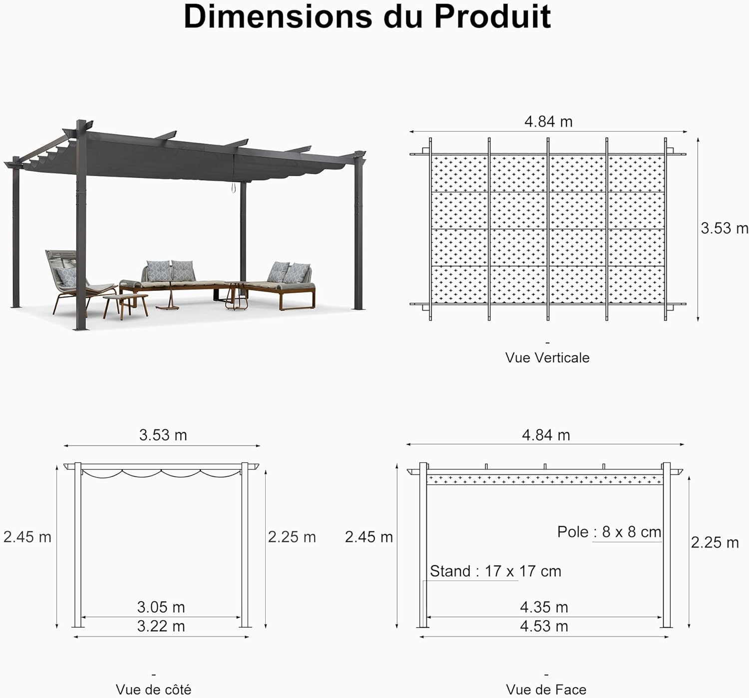 PURPLE LEAF Pergola Aluminium Tissu Teint en Fil Pergola pour Terrasse Exterieur, Toit Coulissante, Pavillon De Jardin