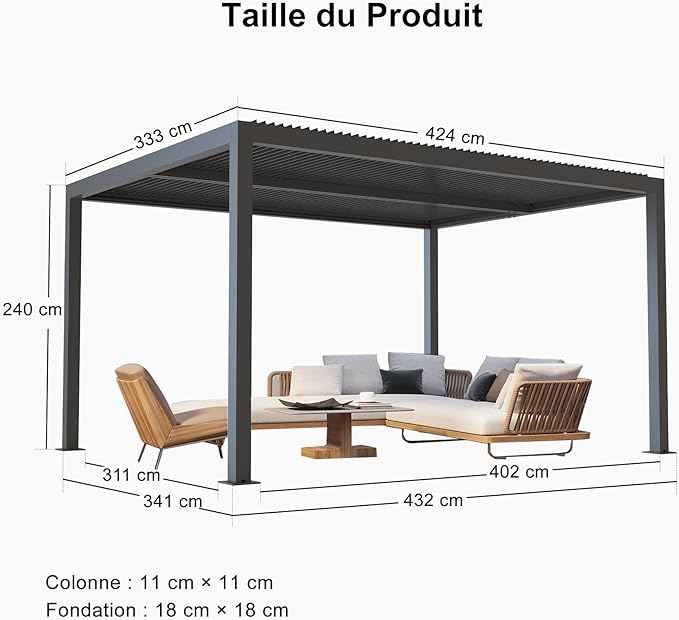 PURPLE LEAF Pergola Bioclimatique Pergola Aluminium Lames Orientables Tonnelle de Jardin Imperméable pour Terrasse Extérieur Carport, Gris