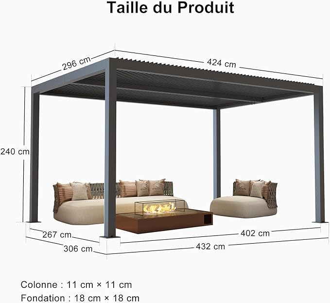 PURPLE LEAF Pergola Bioclimatique Pergola Aluminium Lames Orientables Tonnelle de Jardin Imperméable pour Terrasse Extérieur Carport, Gris