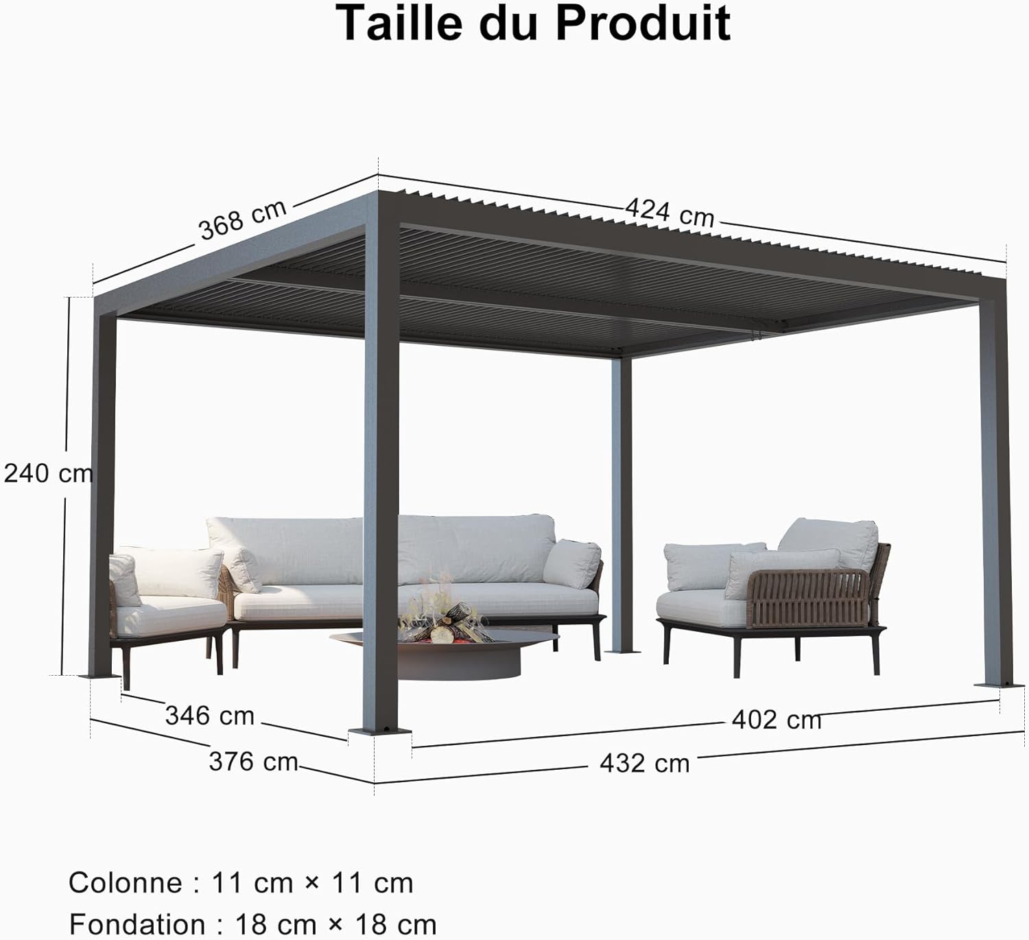 PURPLE LEAF Pergola Bioclimatique Pergola Aluminium Lames Orientables Tonnelle de Jardin Imperméable pour Terrasse Extérieur Carport, Gris