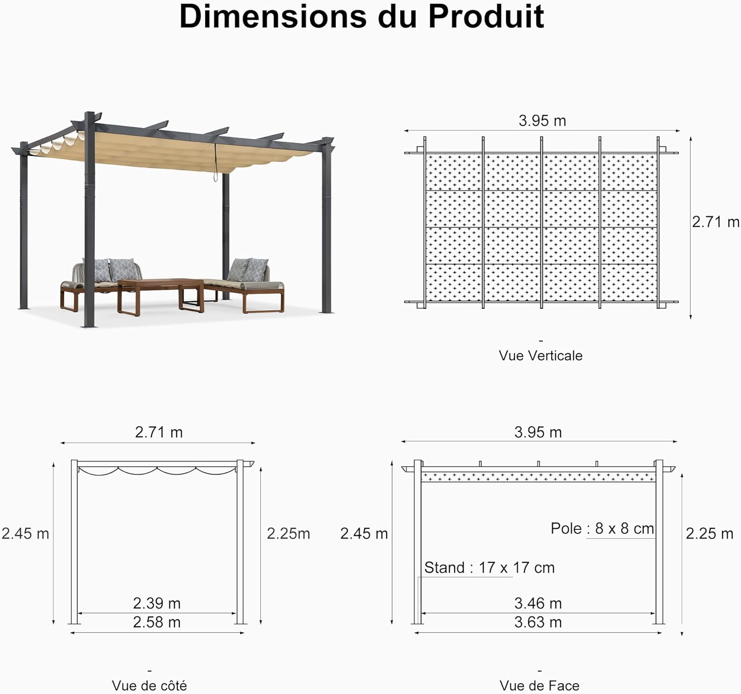 PURPLE LEAF Pergola Aluminium Tissu Teint en Fil Pergola pour Terrasse Exterieur, Toit Coulissante, Pavillon De Jardin