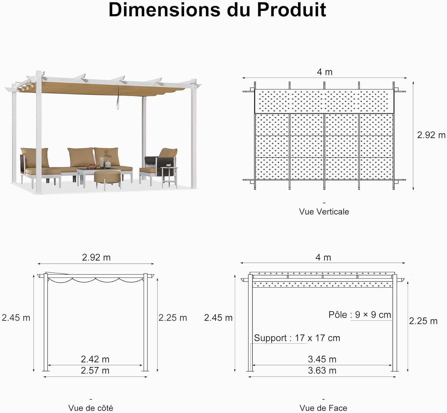 PURPLE LEAF Pergola rétractable d'extérieur avec double abri solaire Blanc Heavy-Duty Aluminium Pergola Patio Pergola moderne pour jardin deck arrière-cour