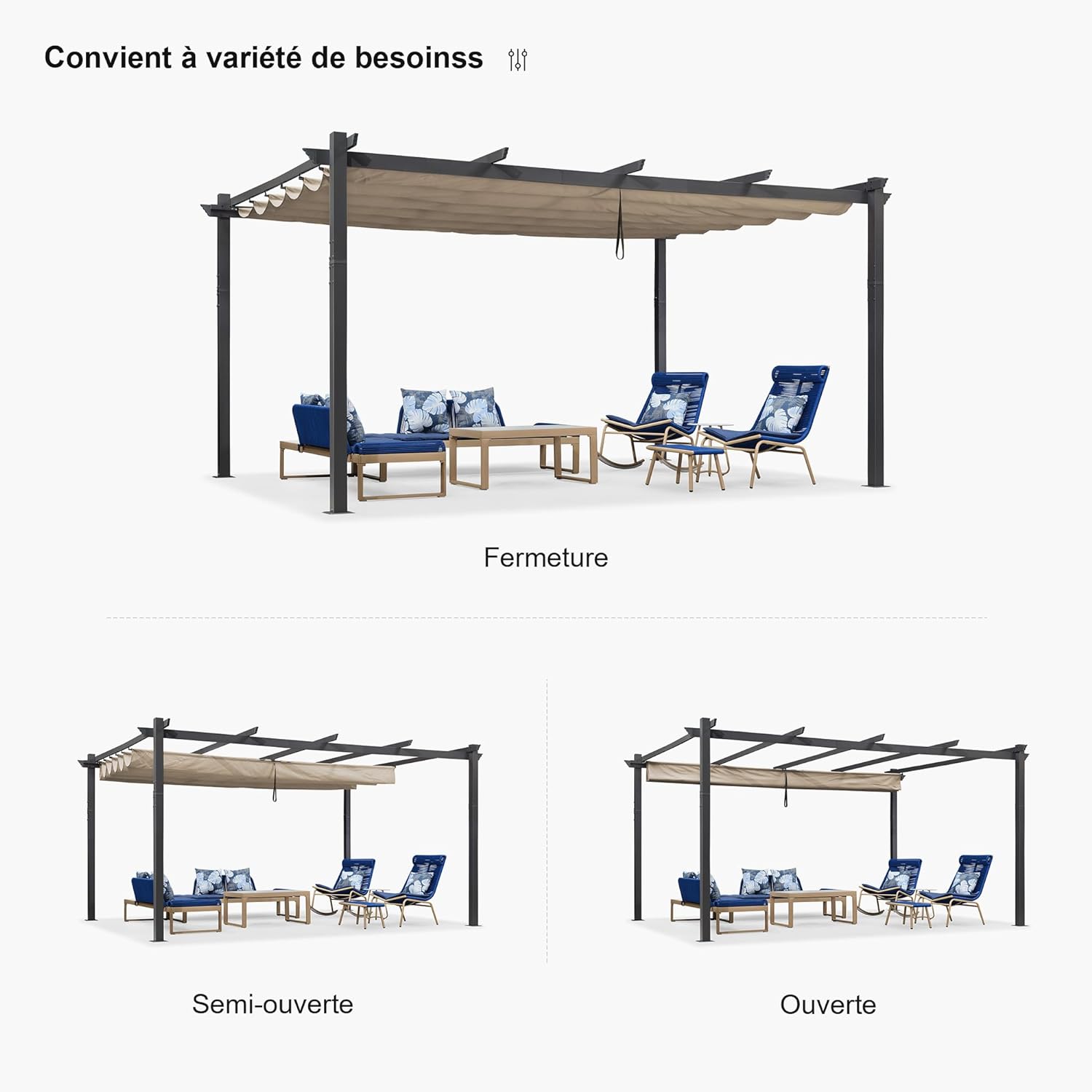 PURPLE LEAF Pergola Aluminium Tissu Teint en Fil Pergola pour Terrasse Exterieur, Toit Coulissante, Pavillon De Jardin