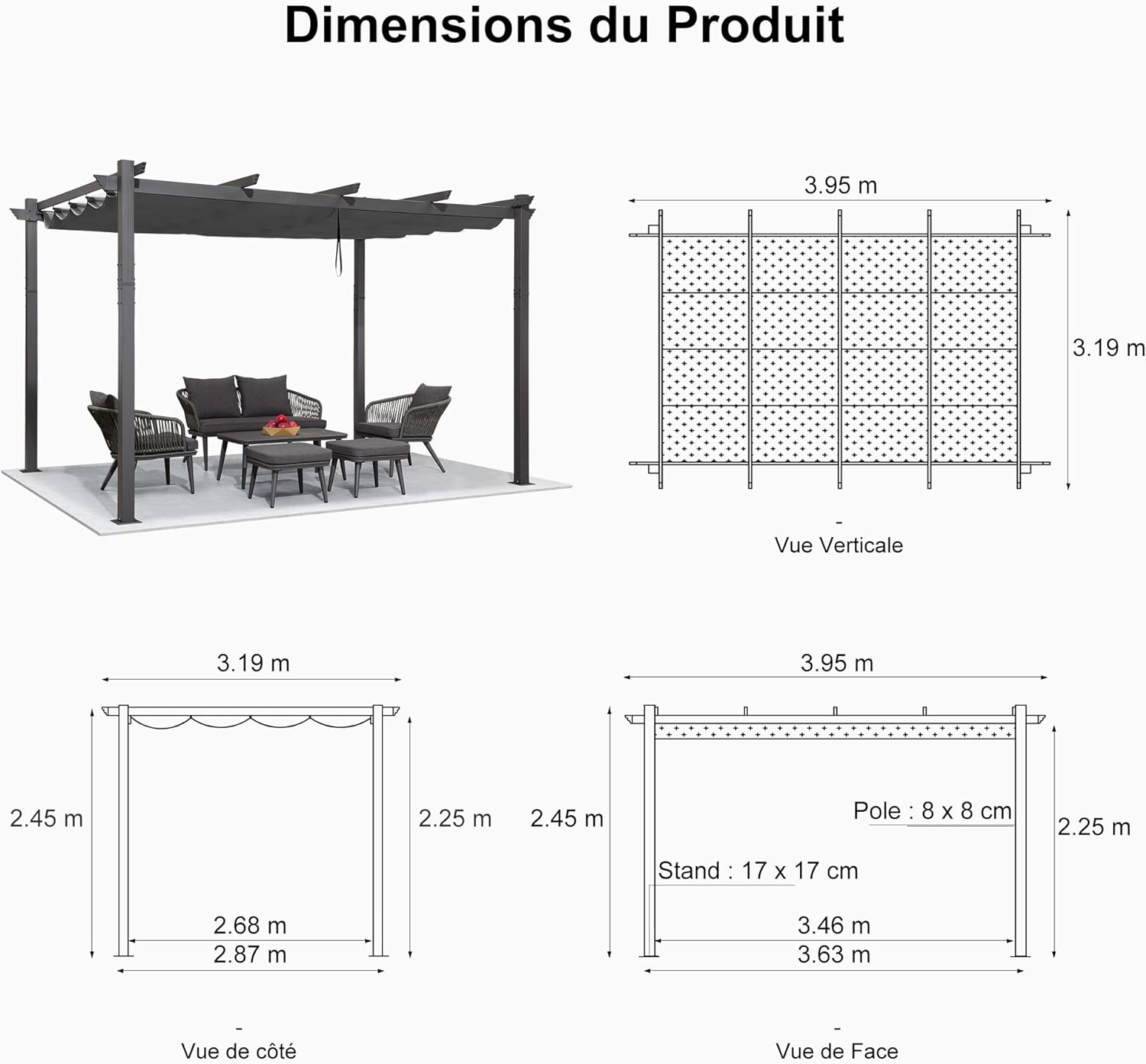 PURPLE LEAF Pergola Aluminium Tissu Teint en Fil Pergola pour Terrasse Exterieur, Toit Coulissante, Pavillon De Jardin