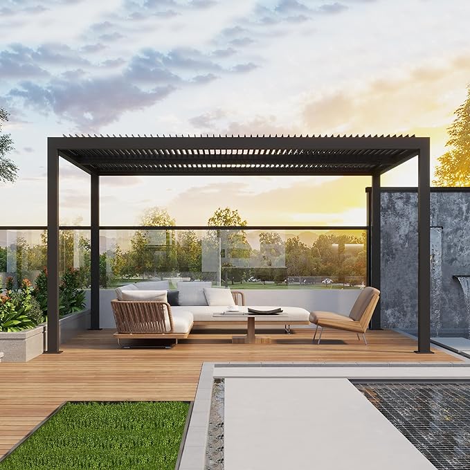 PURPLE LEAF Pergola Bioclimatique Pergola Aluminium Lames Orientables Tonnelle de Jardin Imperméable pour Terrasse Extérieur Carport, Gris