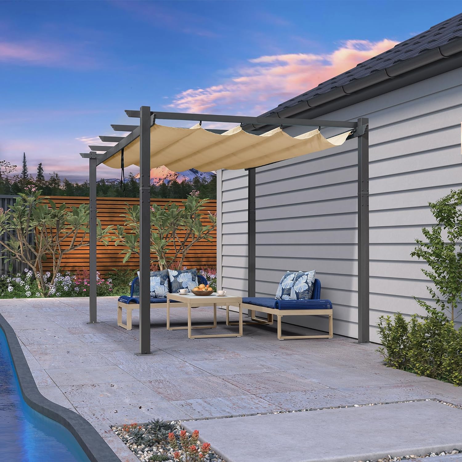 PURPLE LEAF Pergola Aluminium Tissu Teint en Fil Pergola pour Terrasse Exterieur, Toit Coulissante, Pavillon De Jardin