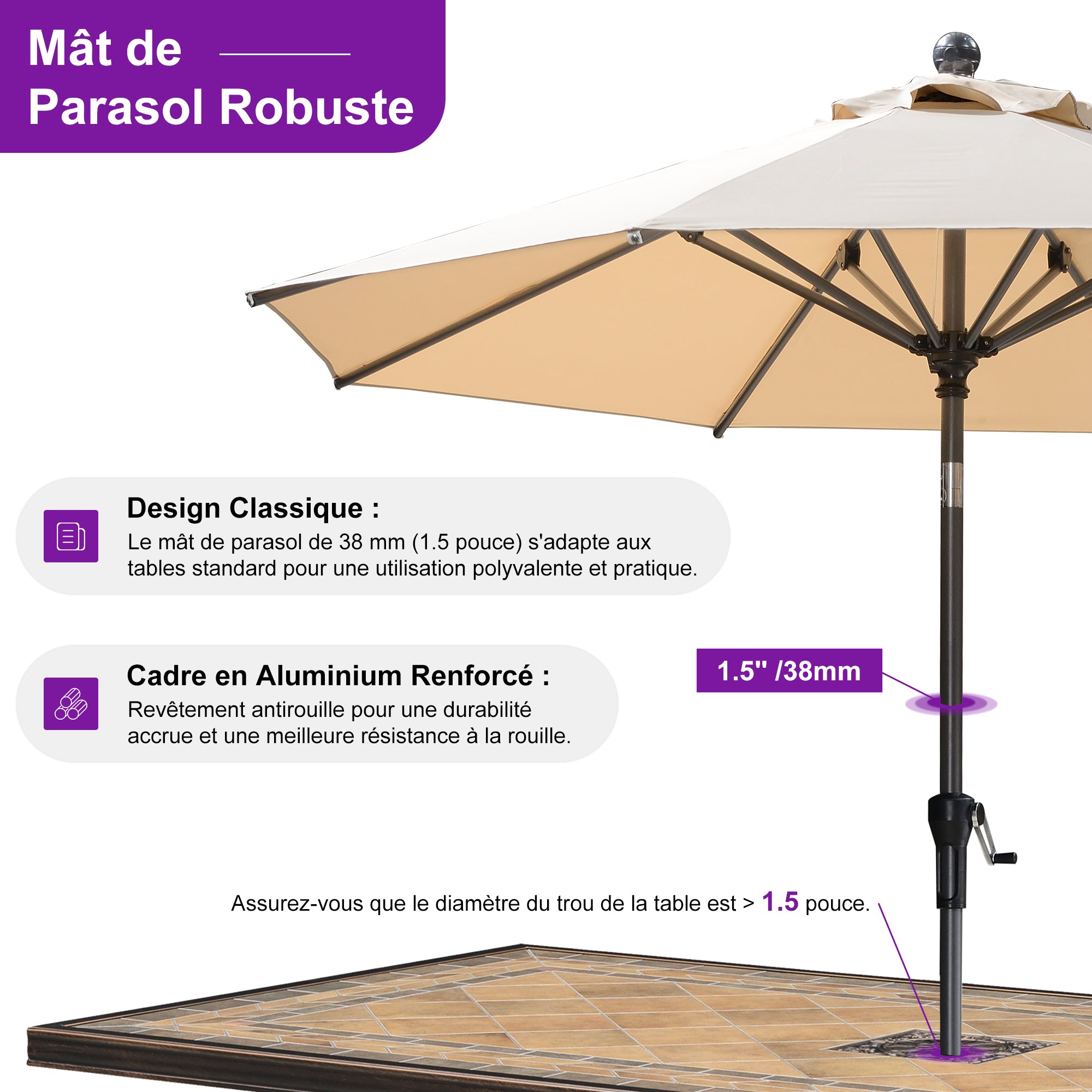 PURPLE LEAF Parasol inclinable en aluminium à mât droit, Carré, Rectangulaire et Rond, Avec Socle