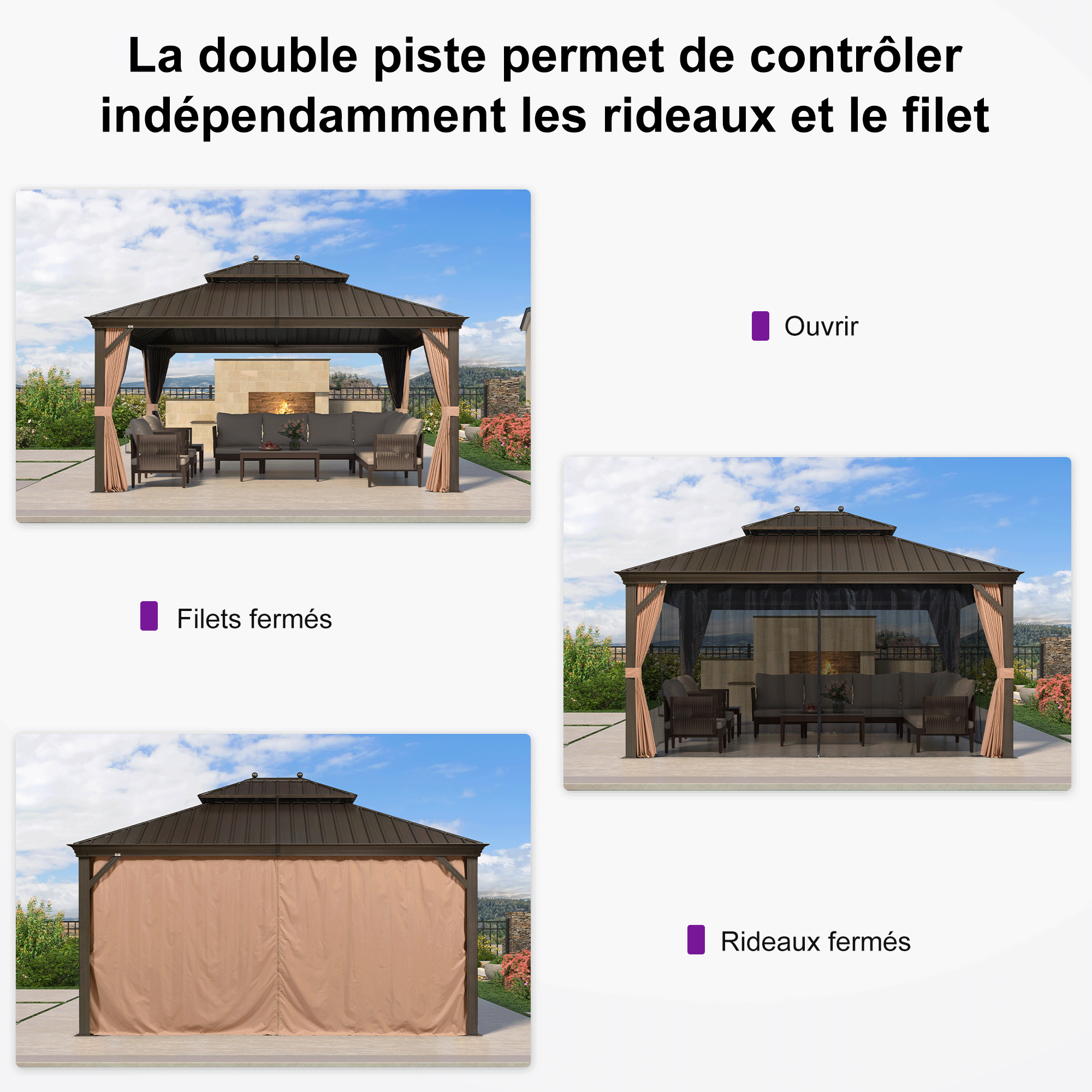 PURPLE LEAF Tonnelle De Jardin Tonnelle Pergola Aluminum Avec Moustiquaire Et Rideaux Pavillon De Jardin à Double Toit Acier Galvanisé, Bronze