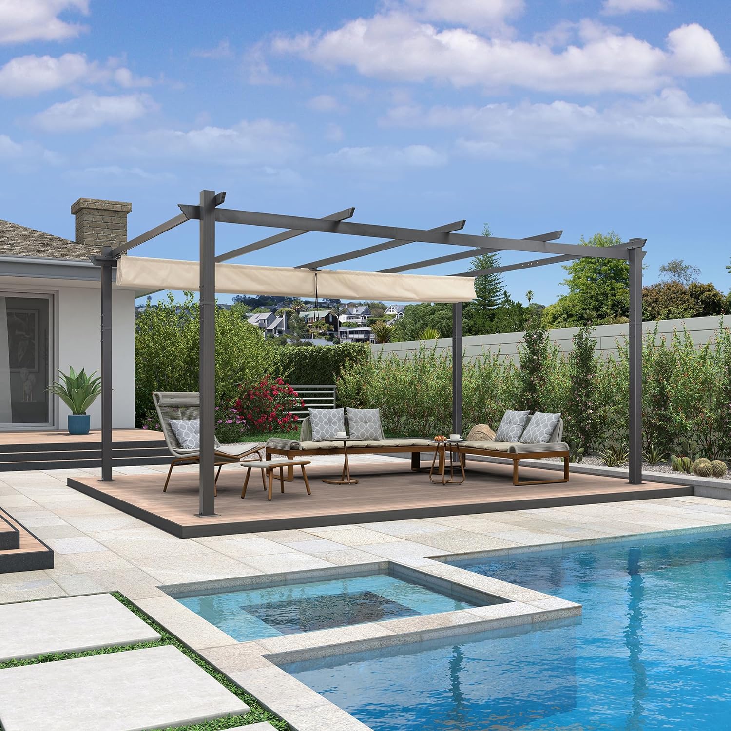 PURPLE LEAF Pergola Aluminium Tissu Teint en Fil Pergola pour Terrasse Exterieur, Toit Coulissante, Pavillon De Jardin