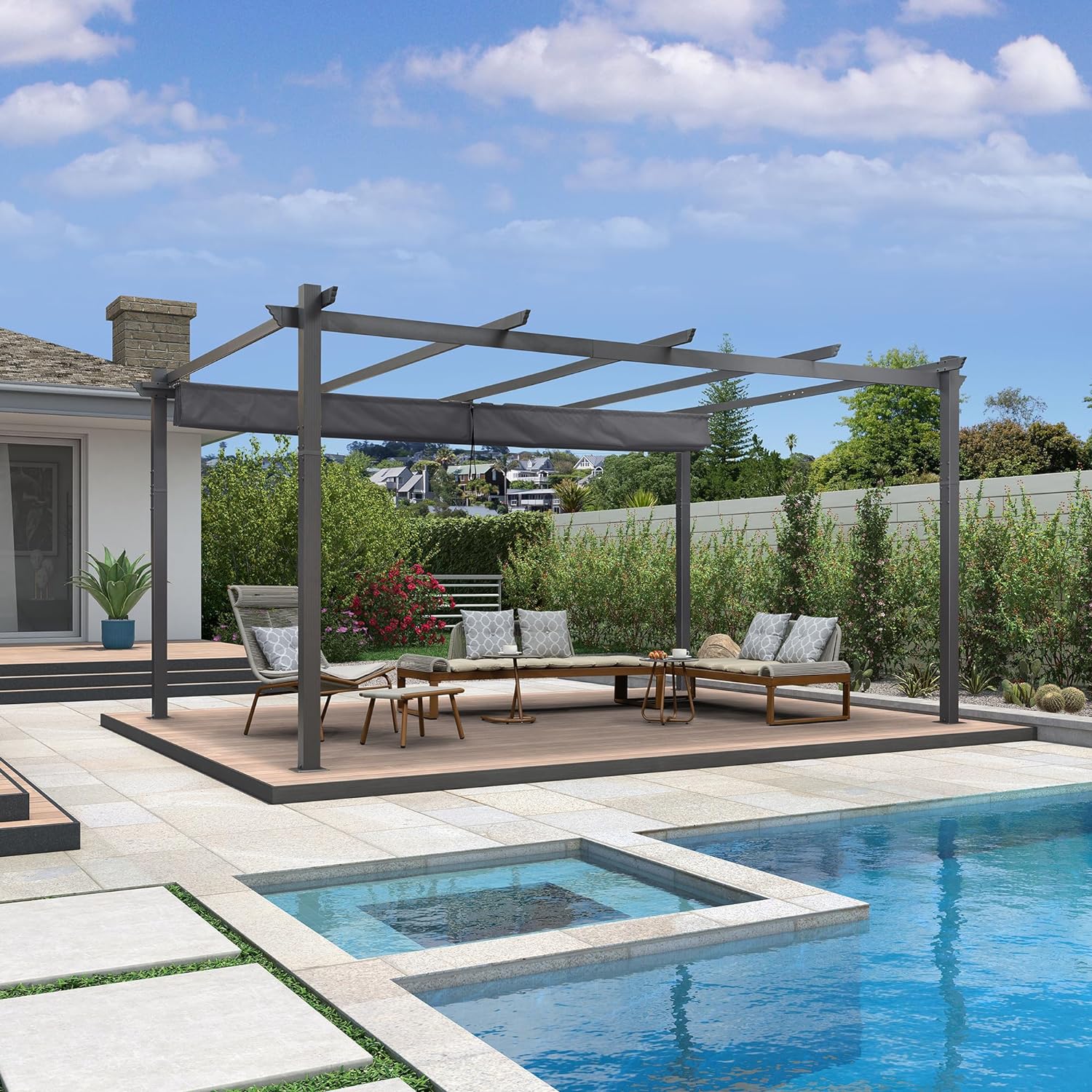 PURPLE LEAF Pergola Aluminium Tissu Teint en Fil Pergola pour Terrasse Exterieur, Toit Coulissante, Pavillon De Jardin