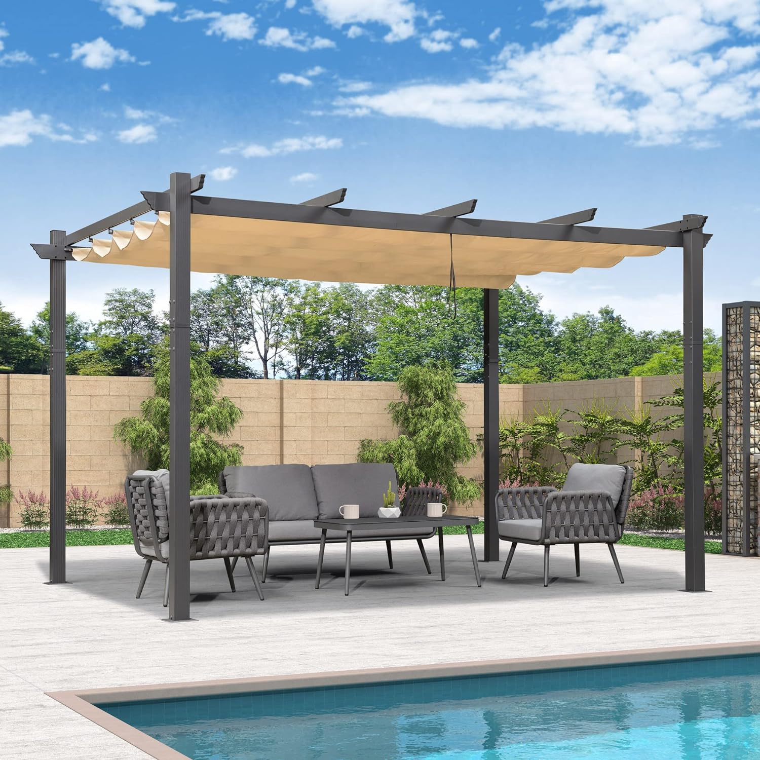 PURPLE LEAF Pergola Aluminium Tissu Teint en Fil Pergola pour Terrasse Exterieur, Toit Coulissante, Pavillon De Jardin