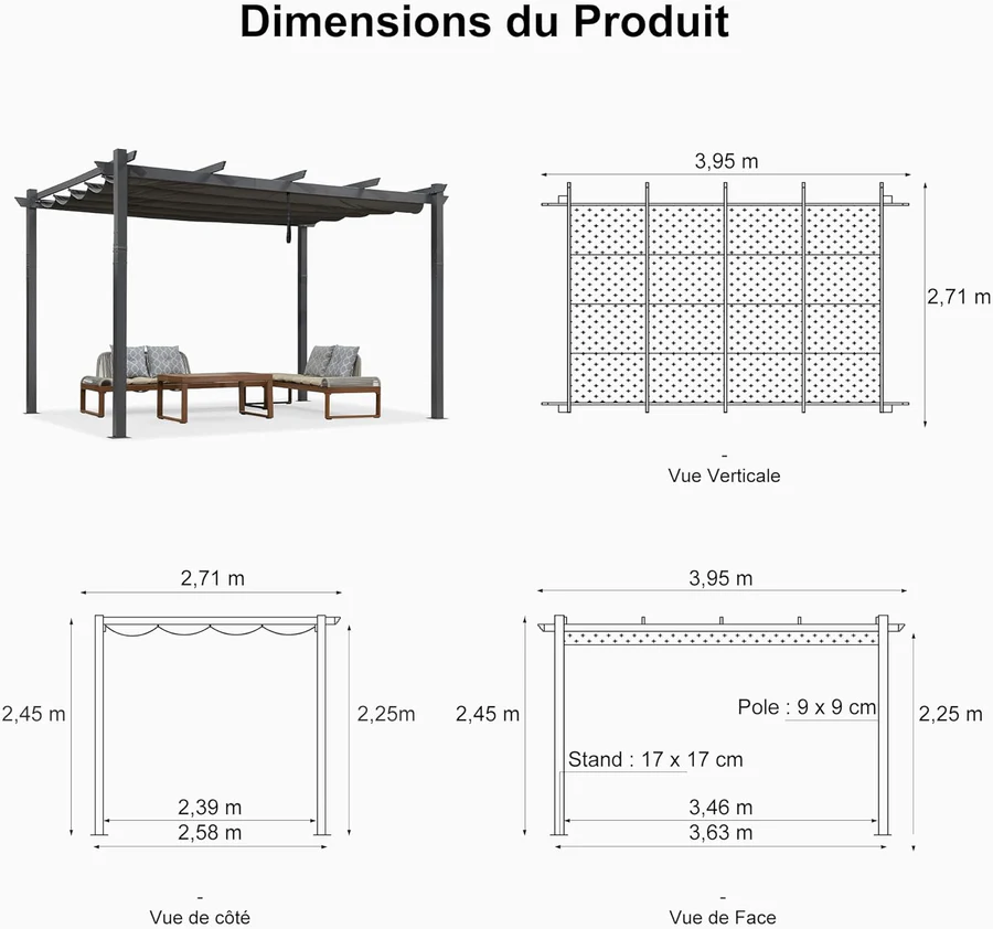 PURPLE LEAF Pergola Aluminium Tissu Teint en Fil avec Guirlande Lumineuse à Ampoules Transparentes Pergola pour Terrasse Exterieur Toit Coulissante Pavillon De Jardin