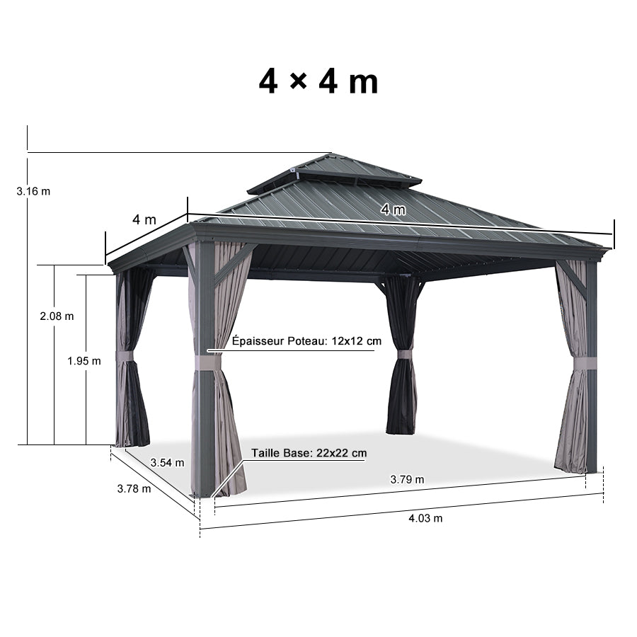 PURPLE LEAF Tonnelle De Jardin Exterieur Tonnelle Pergola Aluminum Avec Moustiquaire Et Rideaux Pavillon De Jardin à Double Toit Acier Galvanisé, Gris