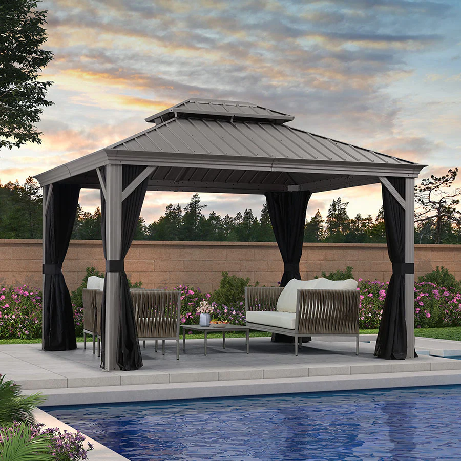 PURPLE LEAF Tonnelle de Jardin Pour Terrasse, Abris de Soleil Avec Toit Rigide en Acier Galvanisé, Equipée de Rideaux, Gris Clair