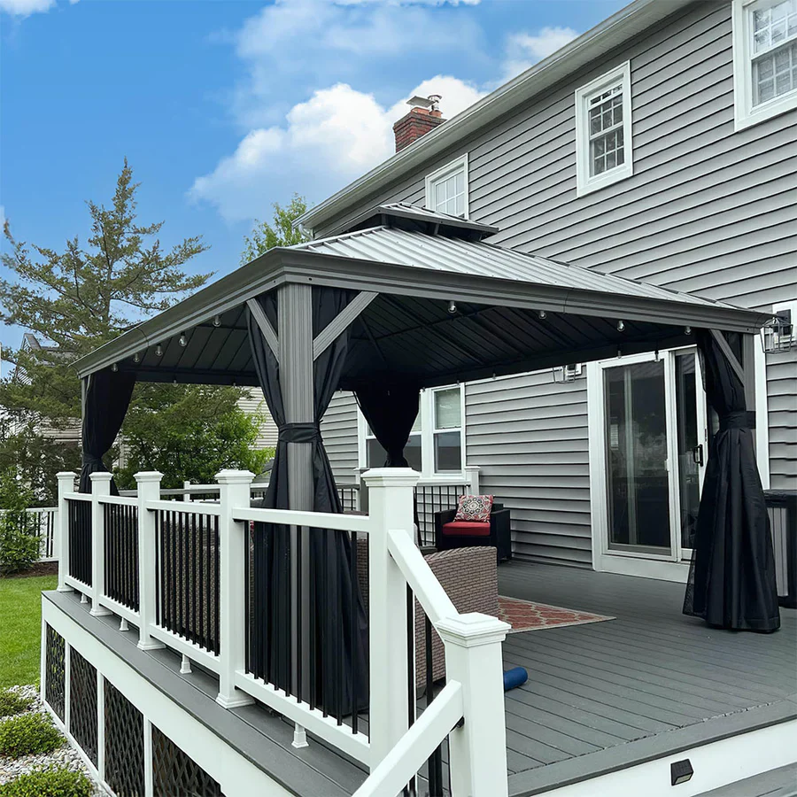 PURPLE LEAF Tonnelle de Jardin Pour Terrasse, Abris de Soleil Avec Toit Rigide en Acier Galvanisé, Equipée de Rideaux, Gris Clair