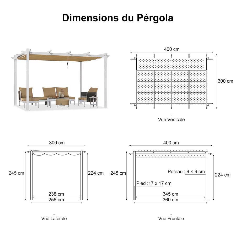 PURPLE LEAF Pergola rétractable d'extérieur avec double abri solaire Blanc Heavy-Duty Aluminium Pergola Patio Pergola moderne pour jardin deck arrière-cour