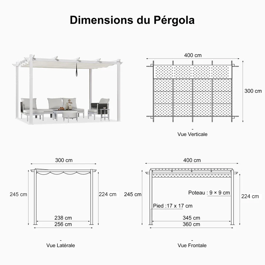 PURPLE LEAF Pergola rétractable d'extérieur avec double abri solaire Blanc Heavy-Duty Aluminium Pergola Patio Pergola moderne pour jardin deck arrière-cour