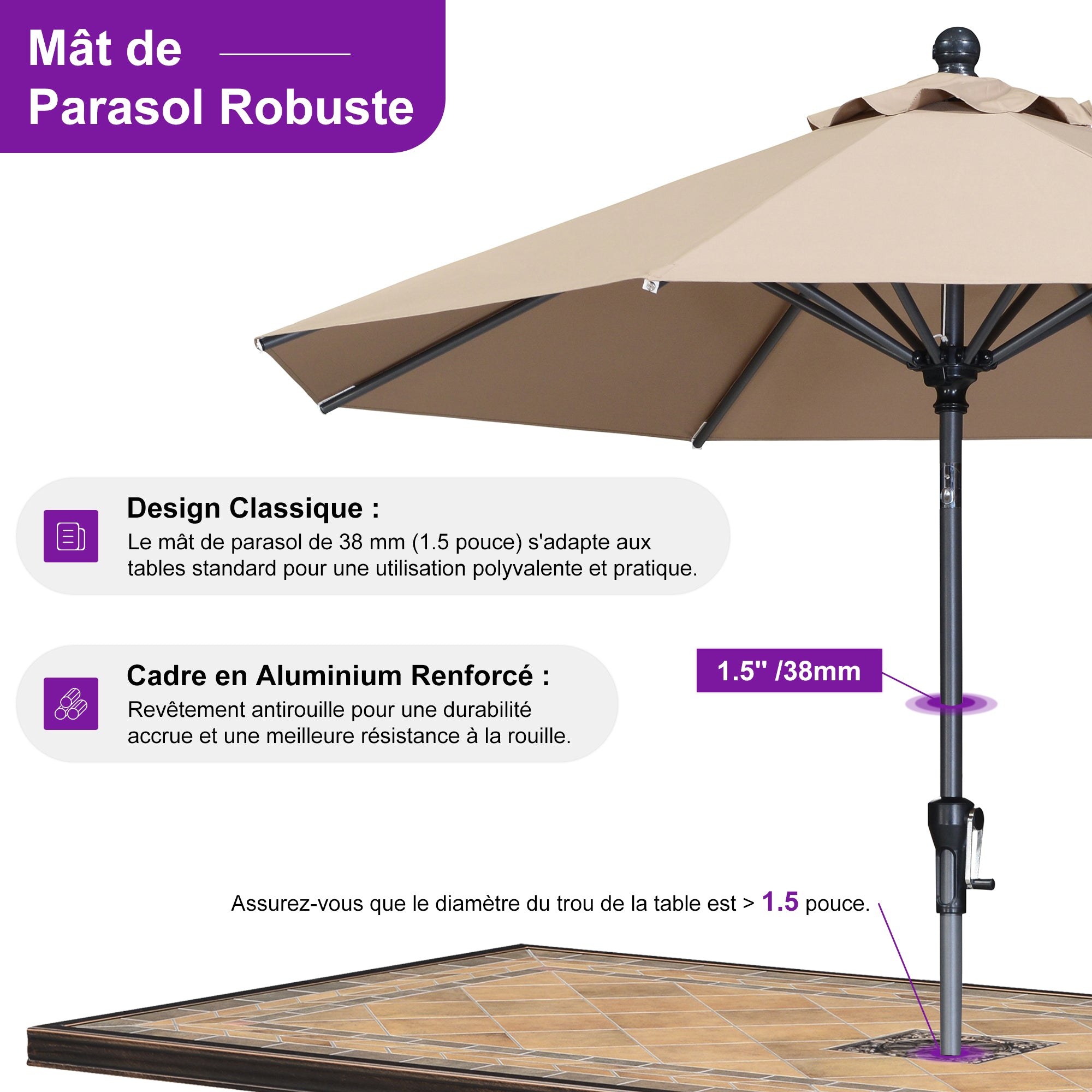 PURPLE LEAF Parasol inclinable en aluminium à mât droit, Carré, Rectangulaire et Rond, Avec Socle