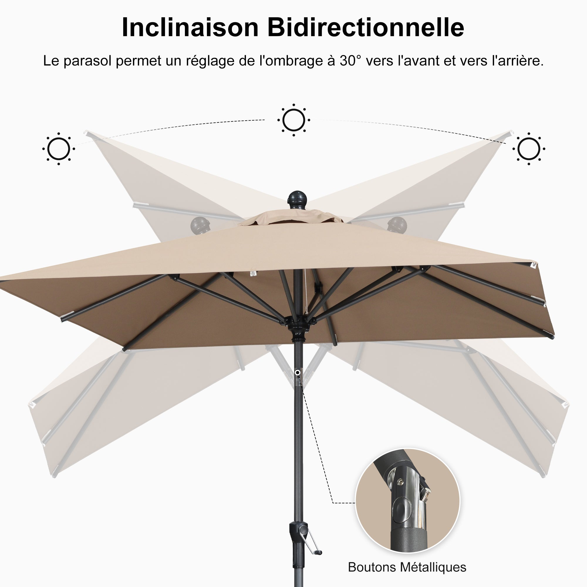 PURPLE LEAF Parasol inclinable en aluminium à mât droit, Carré, Rectangulaire et Rond