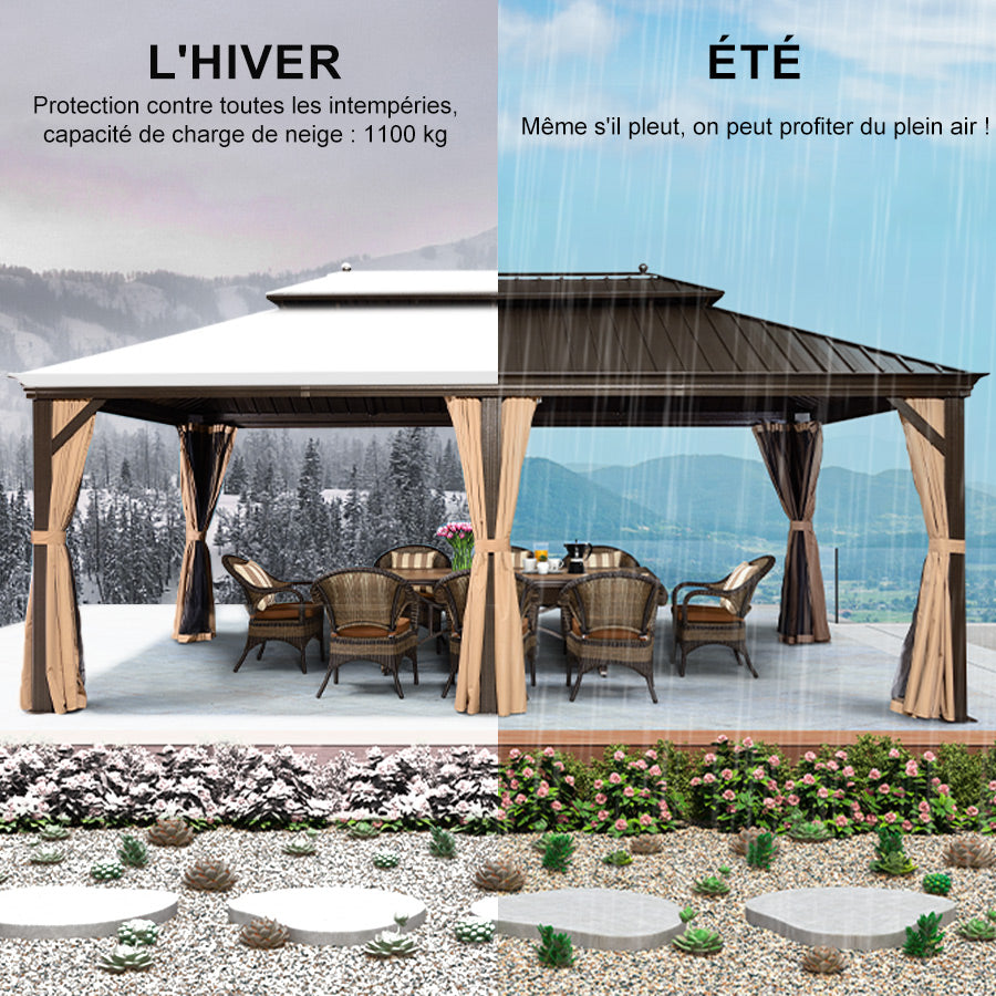 PURPLE LEAF Tonnelle De Jardin Tonnelle Pergola Aluminum Avec Moustiquaire Et Rideaux Pavillon De Jardin à Double Toit Acier Galvanisé, Bronze