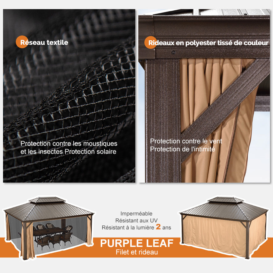 PURPLE LEAF Tonnelle De Jardin Tonnelle Pergola Aluminum Avec Moustiquaire Et Rideaux Pavillon De Jardin à Double Toit Acier Galvanisé, Bronze