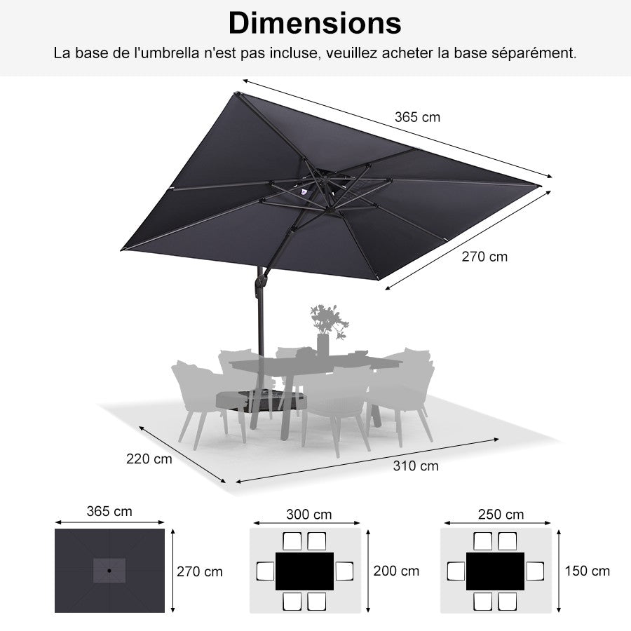 PURPLE LEAF Parasol Déporté avec Cadre Anthracite Inclinable à Rotation 360° avec Manivelle Parasol de Jardin Carré Rectangle