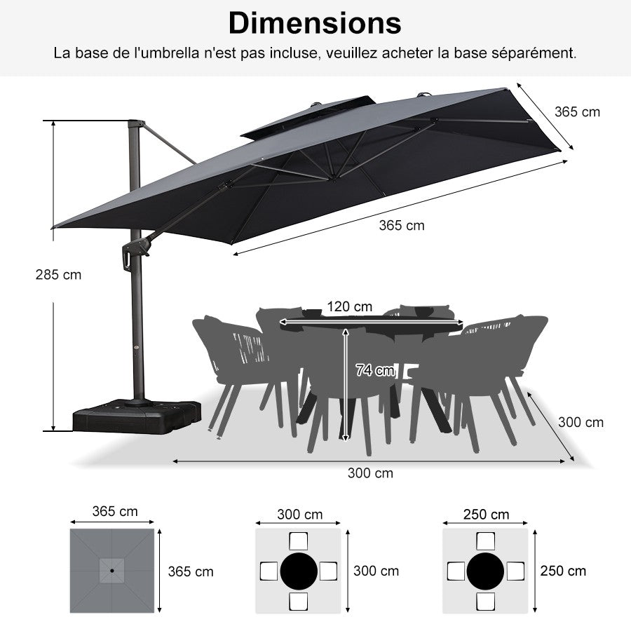 PURPLE LEAF Parasol Déporté avec Cadre Anthracite Inclinable à Rotation 360° avec Manivelle Parasol de Jardin Carré Rectangle