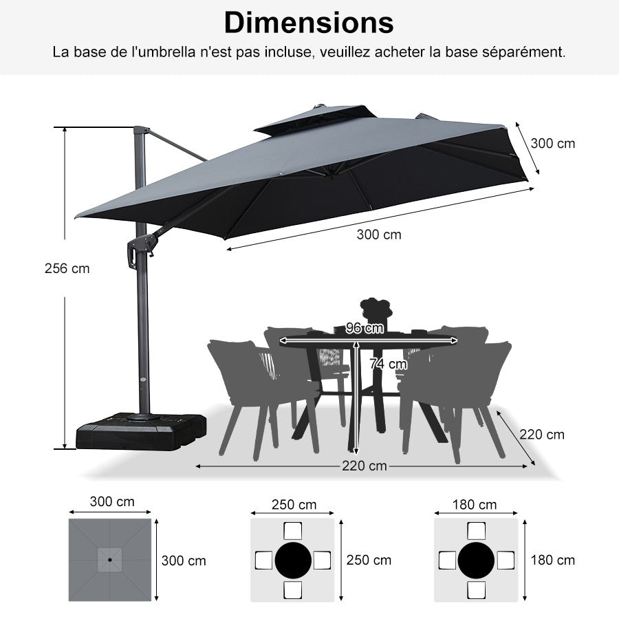PURPLE LEAF Parasol Déporté avec Cadre Anthracite Inclinable à Rotation 360° avec Manivelle Parasol de Jardin Carré Rectangle