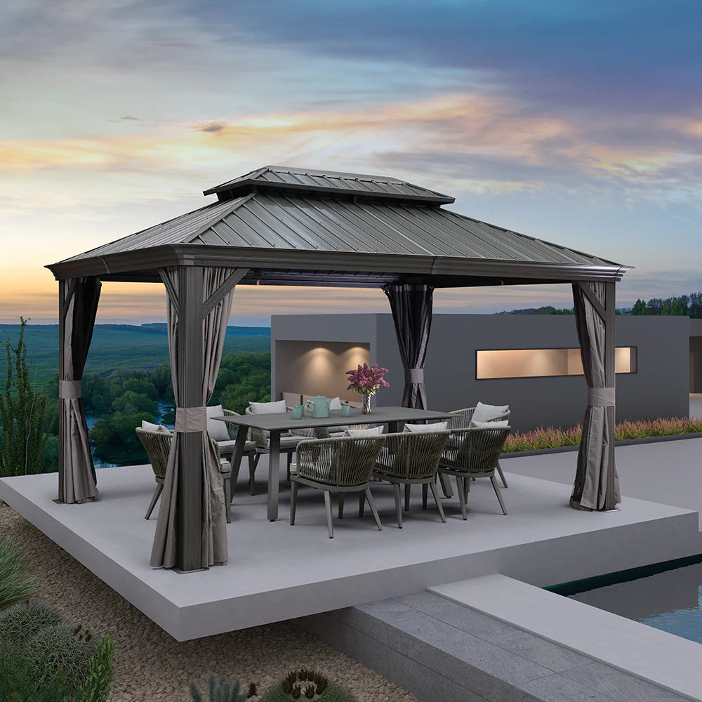 PURPLE LEAF Tonnelle De Jardin Exterieur Tonnelle Pergola Aluminum Avec Moustiquaire Et Rideaux Pavillon De Jardin à Double Toit Acier Galvanisé, Gris