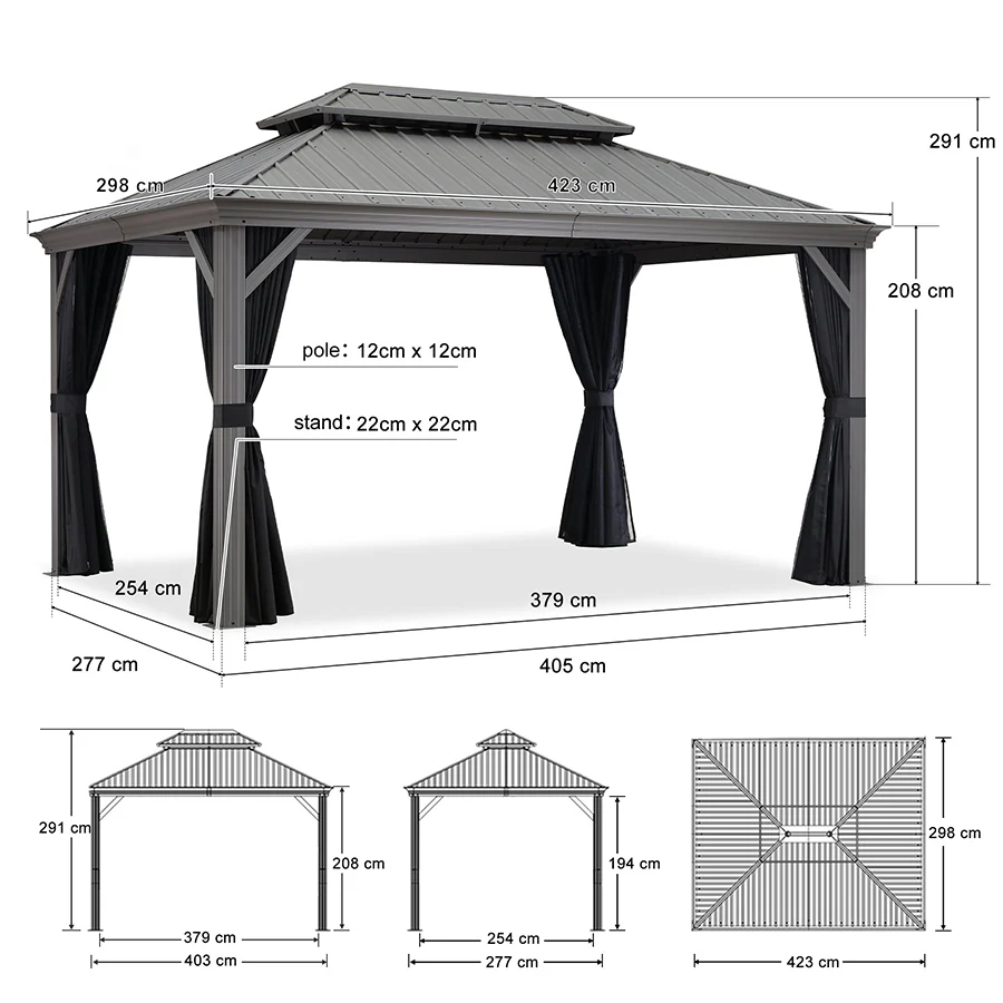 PURPLE LEAF Tonnelle de Jardin Pour Terrasse, Abris de Soleil Avec Toit Rigide en Acier Galvanisé, Equipée de Rideaux, Gris Clair