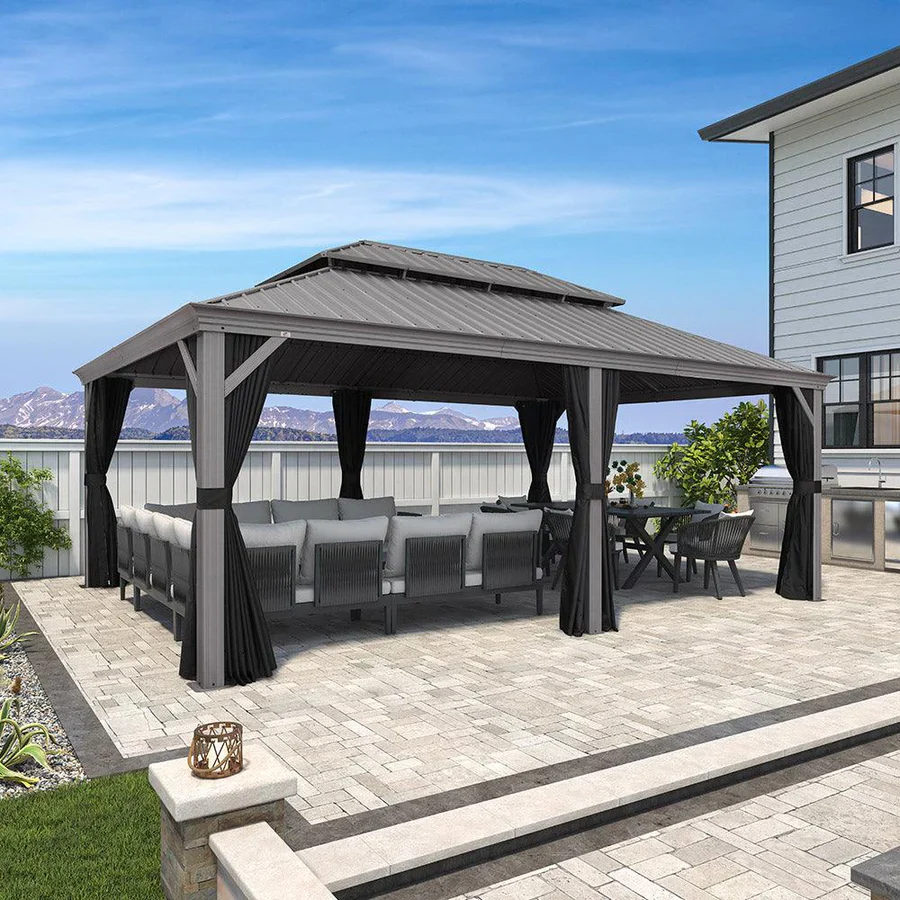 PURPLE LEAF Tonnelle de Jardin Pour Terrasse, Abris de Soleil Avec Toit Rigide en Acier Galvanisé, Equipée de Rideaux, Gris Clair