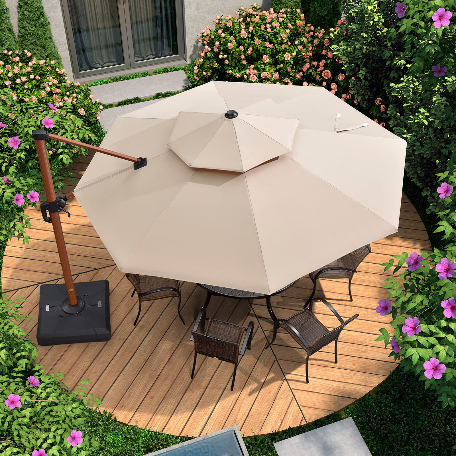 PURPLE LEAF Parasol Déporté Rond Grain de Bois en Aluminium Parasol De Jardin Extérieur Toit à Double Rotatif 360°