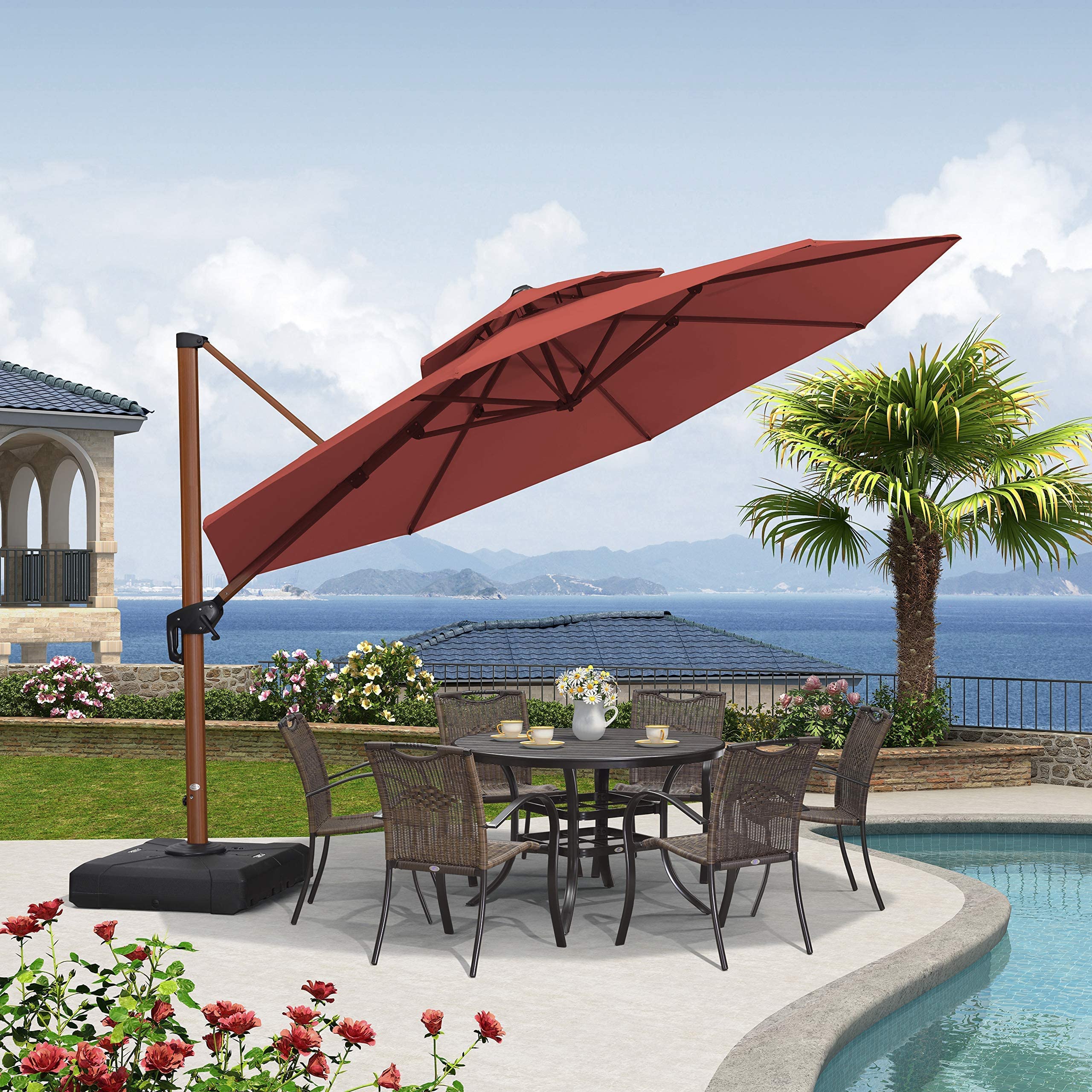 PURPLE LEAF Parasol Déporté Rond Grain de Bois en Aluminium Parasol De Jardin Extérieur Toit à Double Rotatif 360°