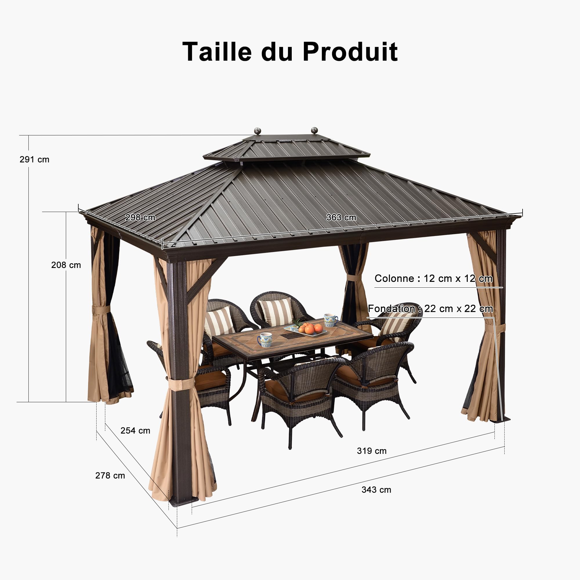 PURPLE LEAF Tonnelle De Jardin Tonnelle Pergola Aluminum Avec Moustiquaire Et Rideaux Pavillon De Jardin à Double Toit Acier Galvanisé, Bronze
