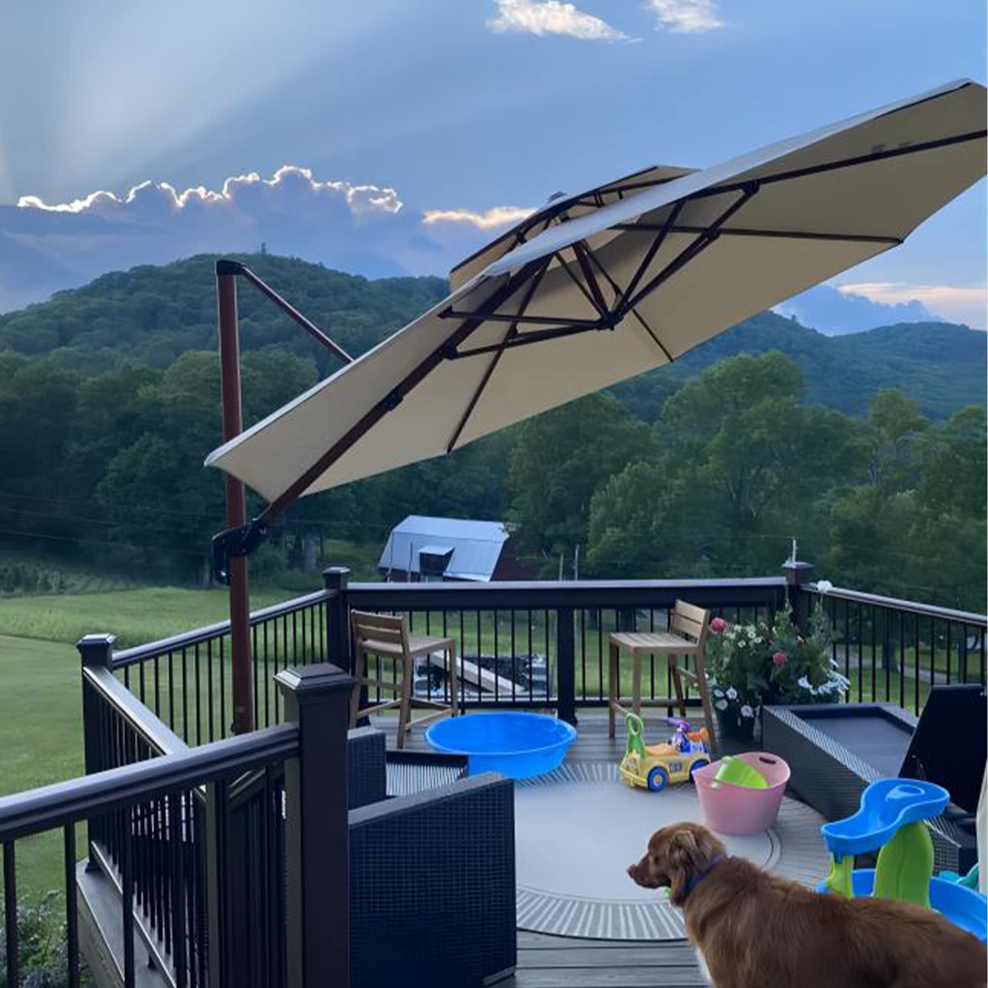 PURPLE LEAF Parasol Déporté Rond Grain de Bois en Aluminium Parasol De Jardin Extérieur Toit à Double Rotatif 360°