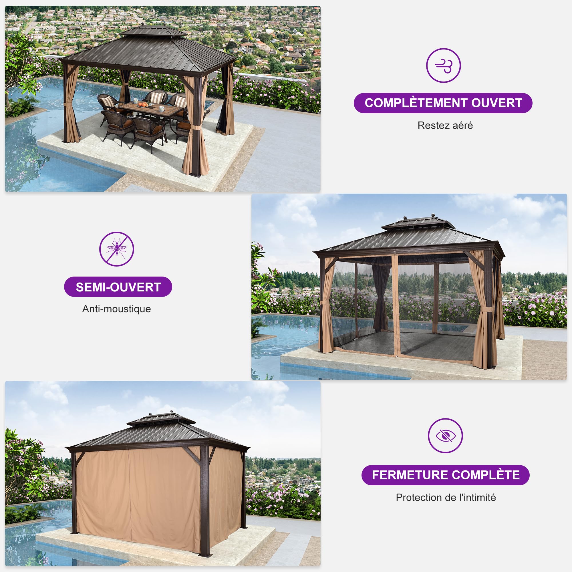 PURPLE LEAF Tonnelle De Jardin Tonnelle Pergola Aluminum Avec Moustiquaire Et Rideaux Pavillon De Jardin à Double Toit Acier Galvanisé, Bronze