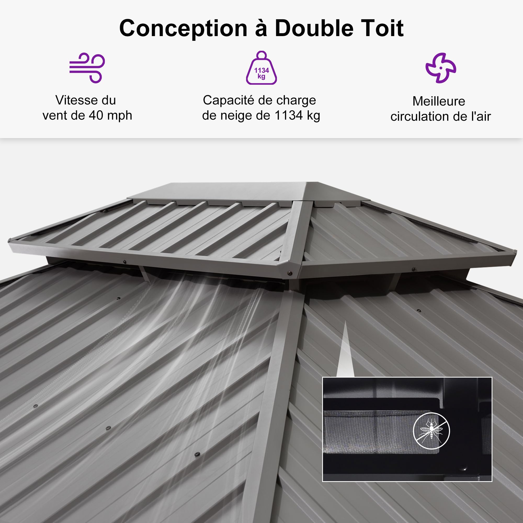 PURPLE LEAF Tonnelle de Jardin Pour Terrasse, Abris de Soleil Avec Toit Rigide en Acier Galvanisé, Equipée de Rideaux, Gris Clair