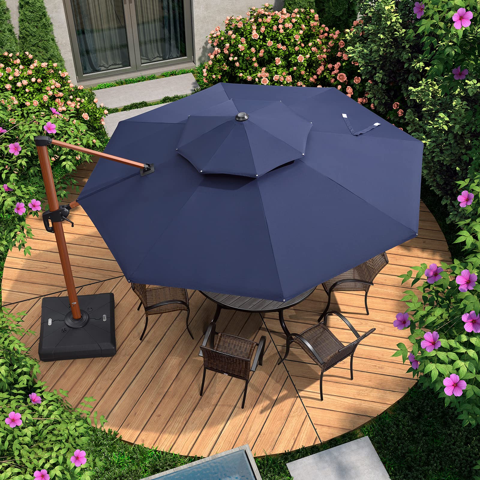 PURPLE LEAF Parasol Déporté Rond Grain de Bois en Aluminium Parasol De Jardin Extérieur Toit à Double Rotatif 360°
