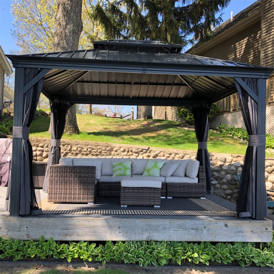 PURPLE LEAF Tonnelle De Jardin Exterieur Tonnelle Pergola Aluminum Avec Moustiquaire Et Rideaux Pavillon De Jardin à Double Toit Acier Galvanisé, Gris