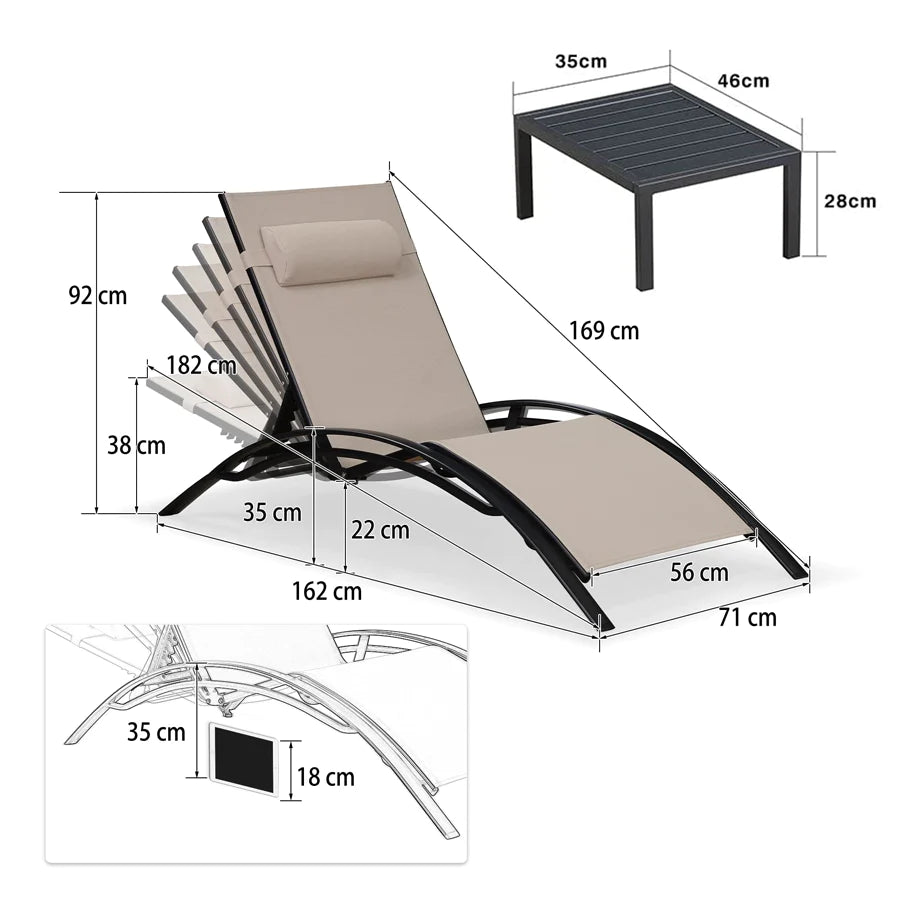 PURPLE LEAF Patio Chaise longue Ensemble de 3 Chaise longue d'extérieur Plage Piscine Bain de soleil Chaise longue inclinable, Table d'appoint incluse